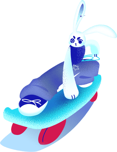 Drawing of angry-looking bunny on a skateboard