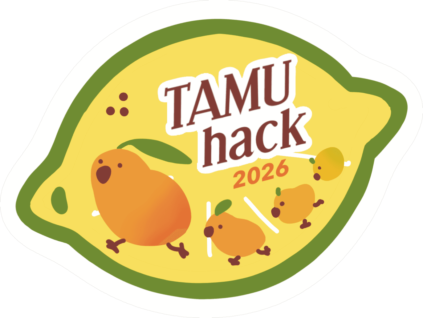 Drawing of lemon-shaped sticker with little mango birds inside