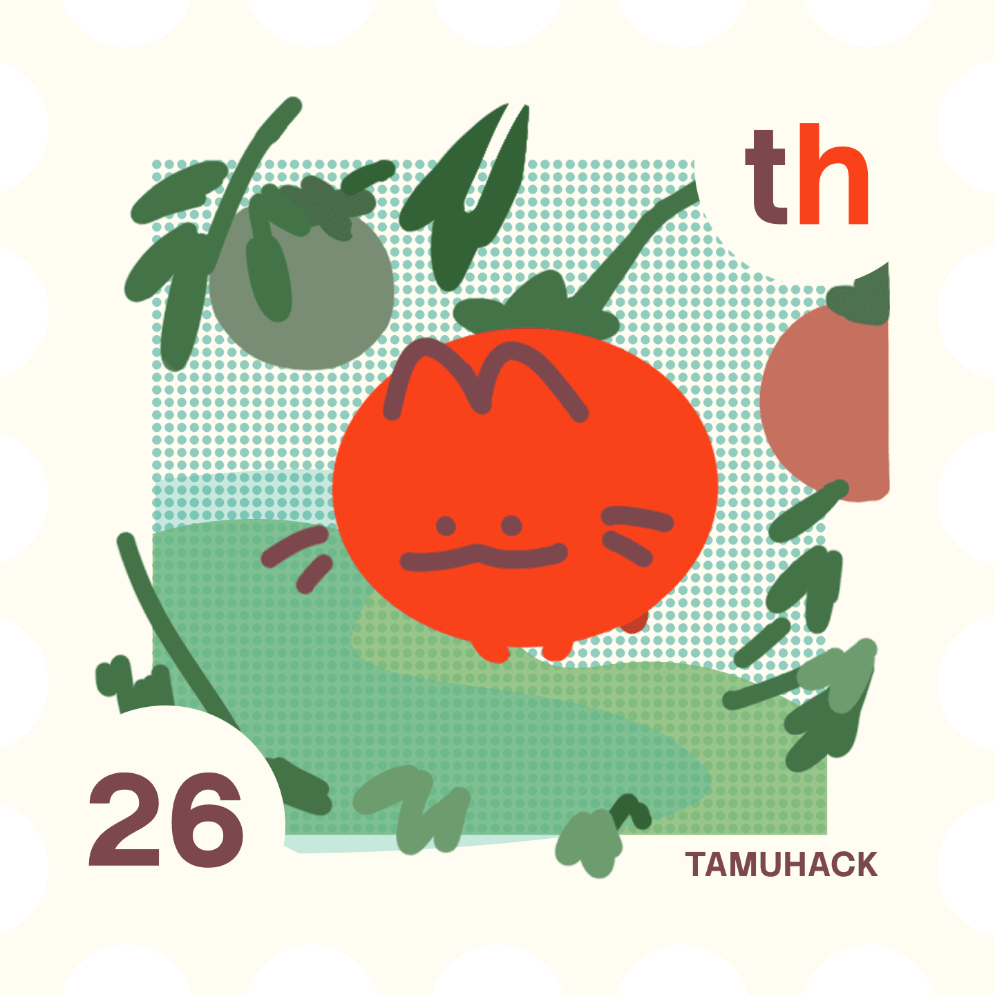 Drawing of stamp-shaped sticker with a tomato cat inside